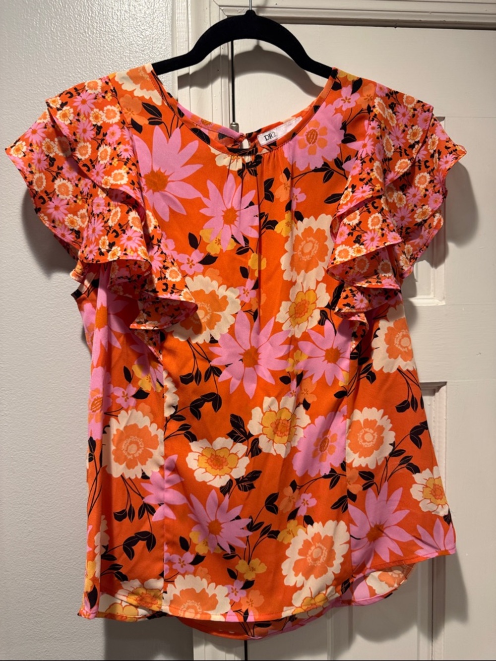 DR2 Bright Orange Floral Ruffle Sleeve Blouse